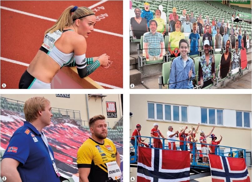 1. DÅRLIG LØP: Men Isabelle Pedersen skrøt av Impossible Games. 2. HEIAROP: Selv om det ikke var åpent for publikum var det noen fant fram kreativiteten i seg. 3. HJALP IKKE: Instruksjon fra trener Magnus Aunevik Berntsen hjalp ikke Ola Stunes Isene – denne gangen. 4. GRATISPASSASJERER: «Rune Tribune» - med trompet og hans venner fra Telemark er ustoppelige. De leide lift, og heiet på utsiden av stadionveggen.